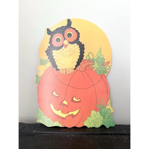 Vintage 1980s Halloween Paper Die-Cut Wall Decor Lot of 2 Owl Bird with Pumpkin - Picture 6 of 8